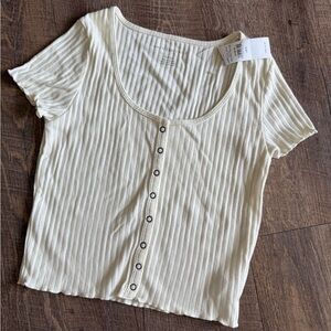 AE Cream Ribbed Button-Down Top